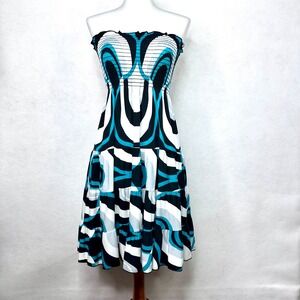Moa Moa Strapless Tube Dress Womens Small Teal Black White Geometric Excellent